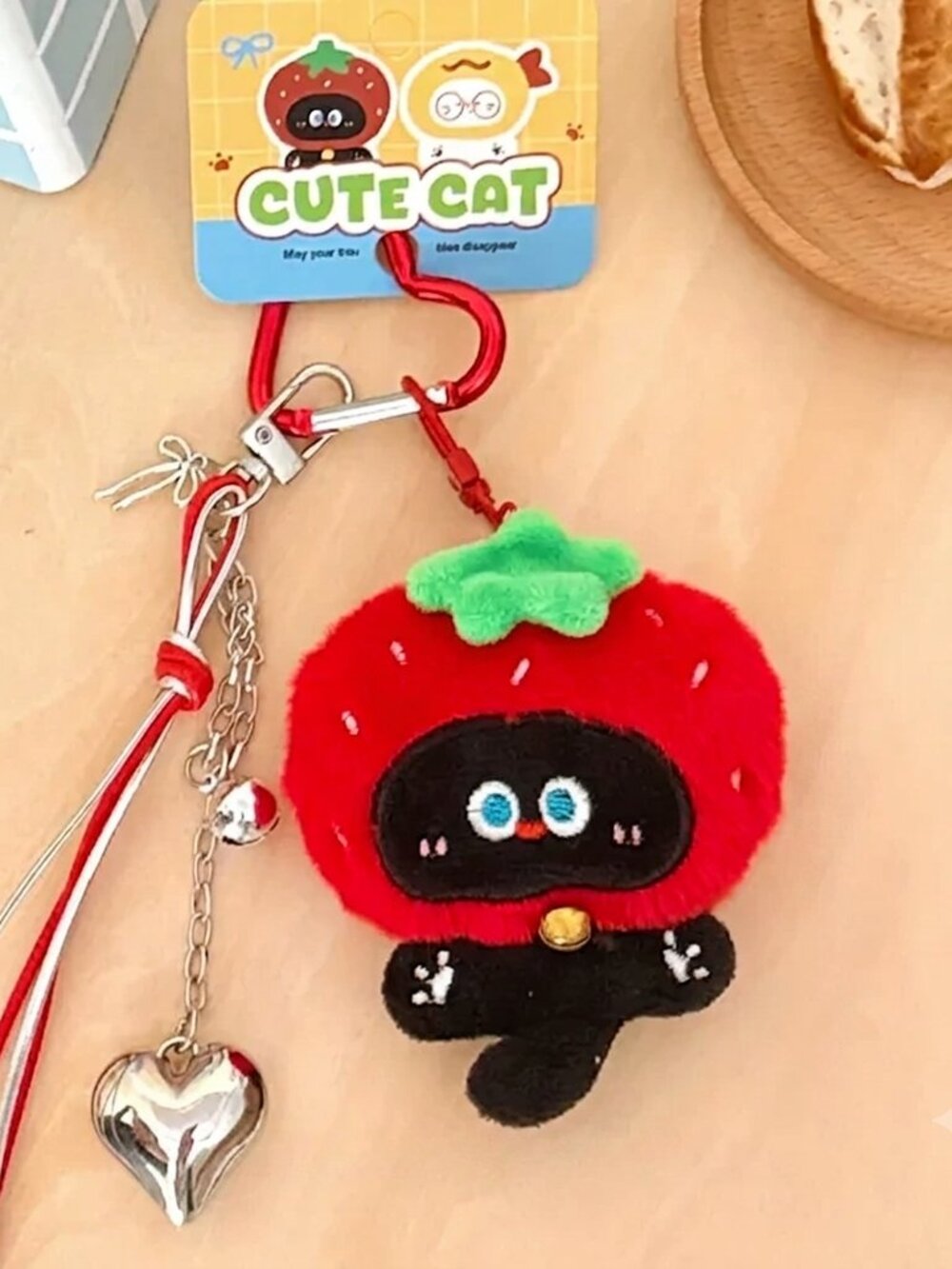 3/$35 NWT Tengyi Cute Plush Strawberry Cat Keychain Backpack Charm Pendant